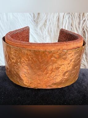 Hammered Copper & Leather Wide Cuff Bracelet Rustic Artisan Unisex Statement